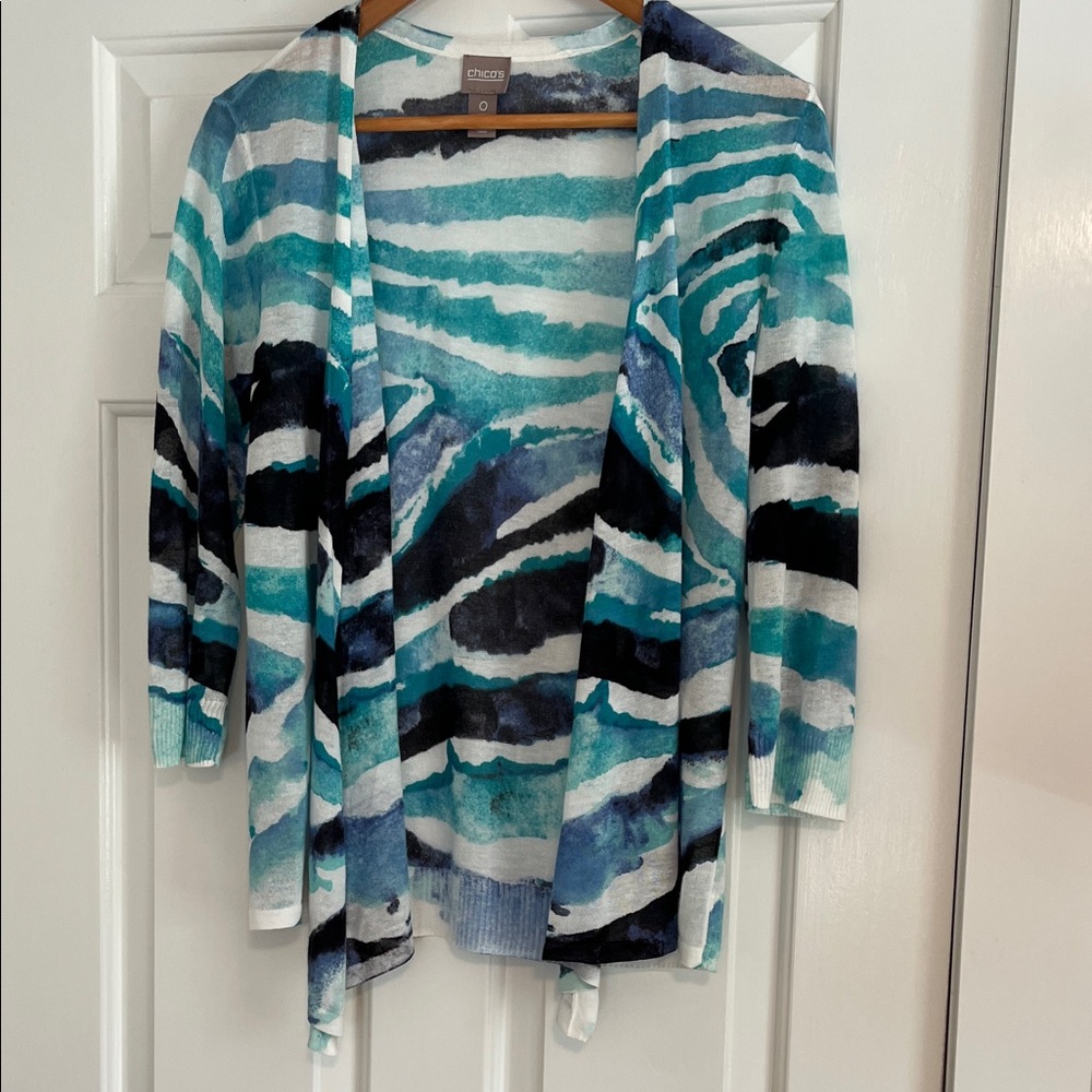 Chico's Blue and Black Watercolor Cardigan